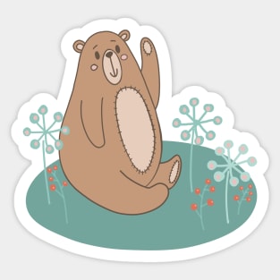 Cute teddybear sitting on the grass among flowers and berries Sticker